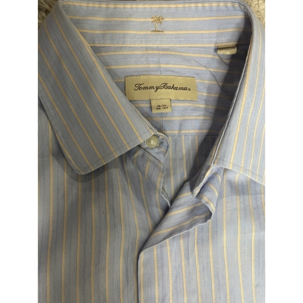 Tommy Bahama Mens Blue Yellow Striped Long Sleeve Button Down Shirt 16.5 36-37